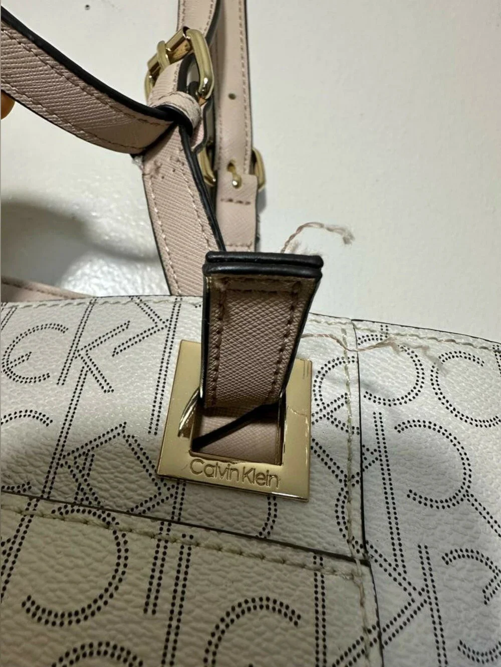 CALVIN KLEIN Handbag Purse Serafina Logo Monogram Tote Bag Cream White Pink